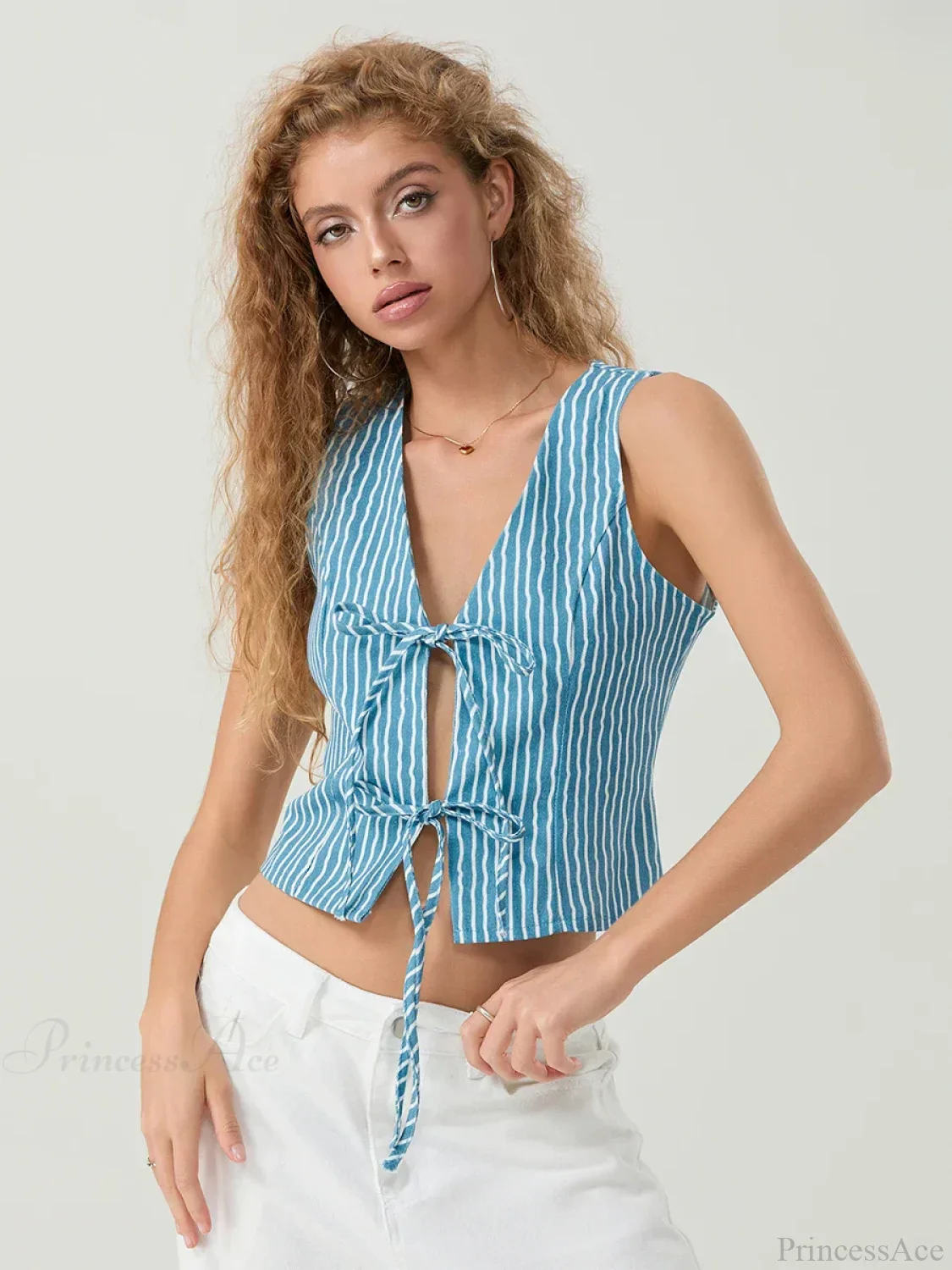 Elegant Bow Tied Front Striped Sleeveless V-neck Crop Tank - Image 2