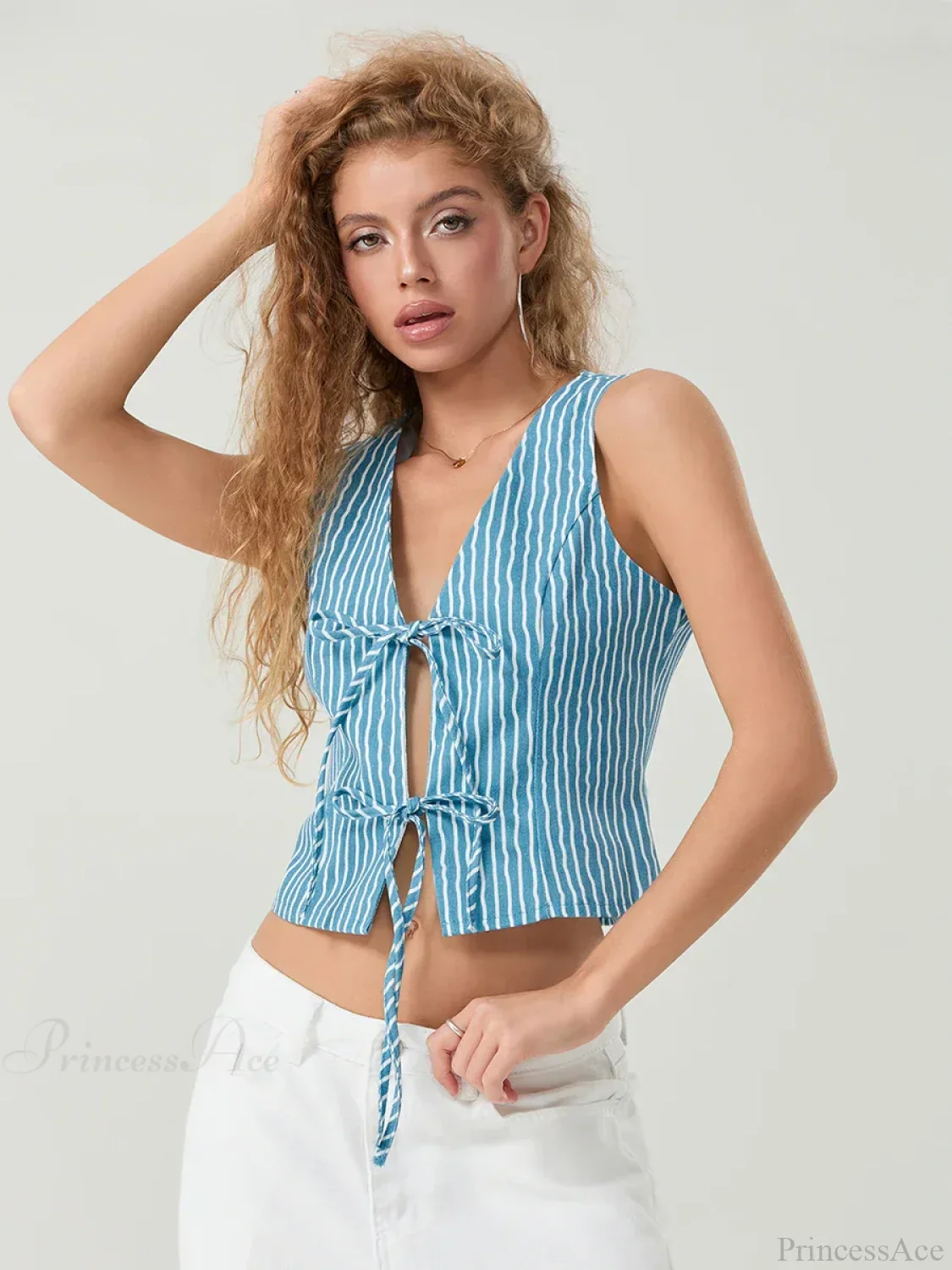 Elegant Bow Tied Front Striped Sleeveless V-neck Crop Tank - Image 5
