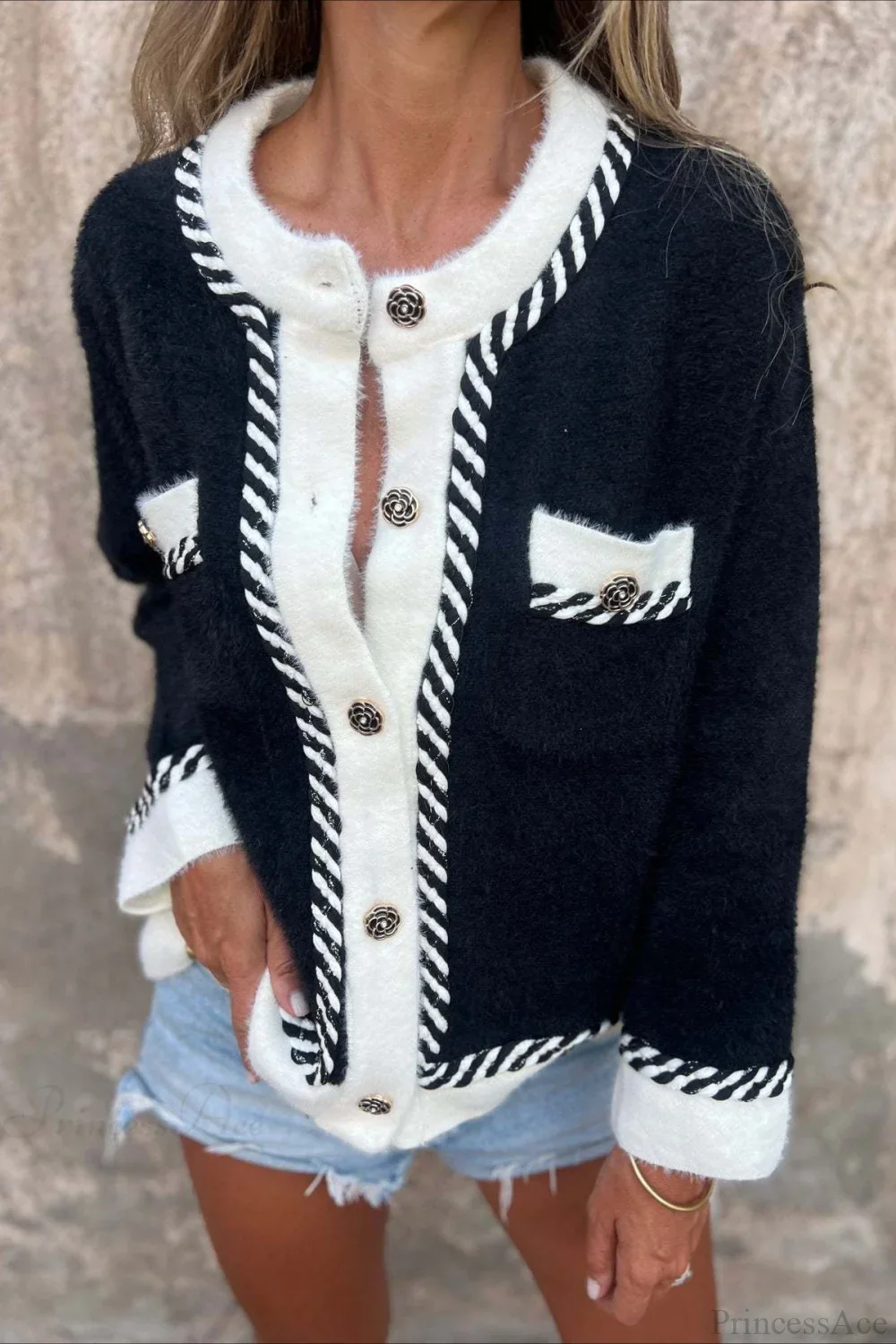 Elegant Chic Color Block Button Pocket Wool Coat