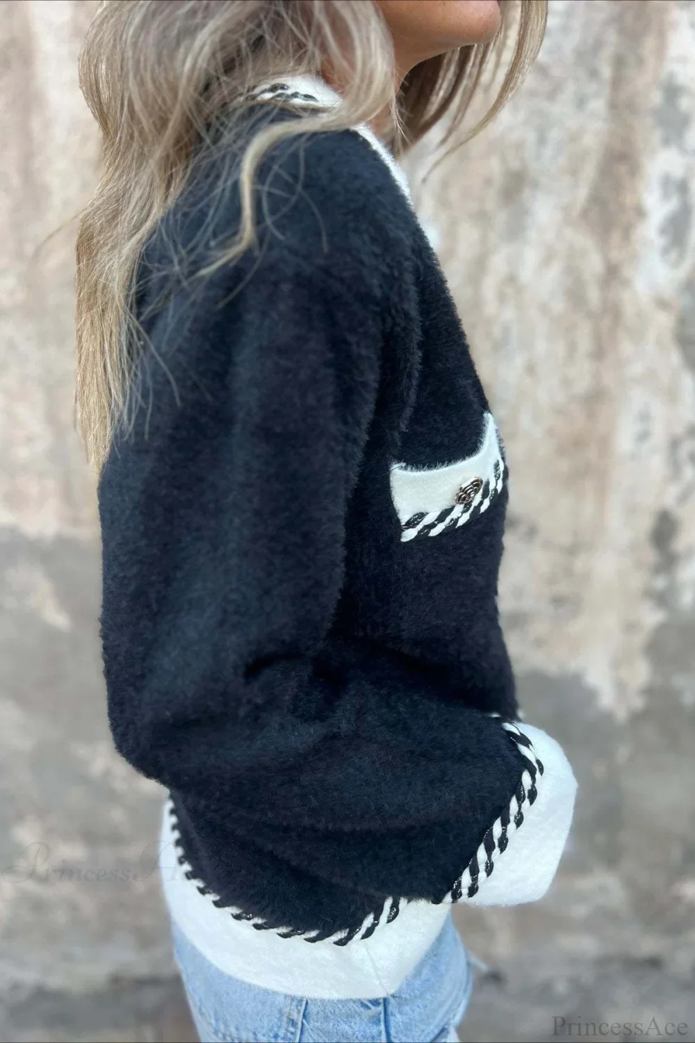 Elegant Chic Color Block Button Pocket Wool Coat - Image 3