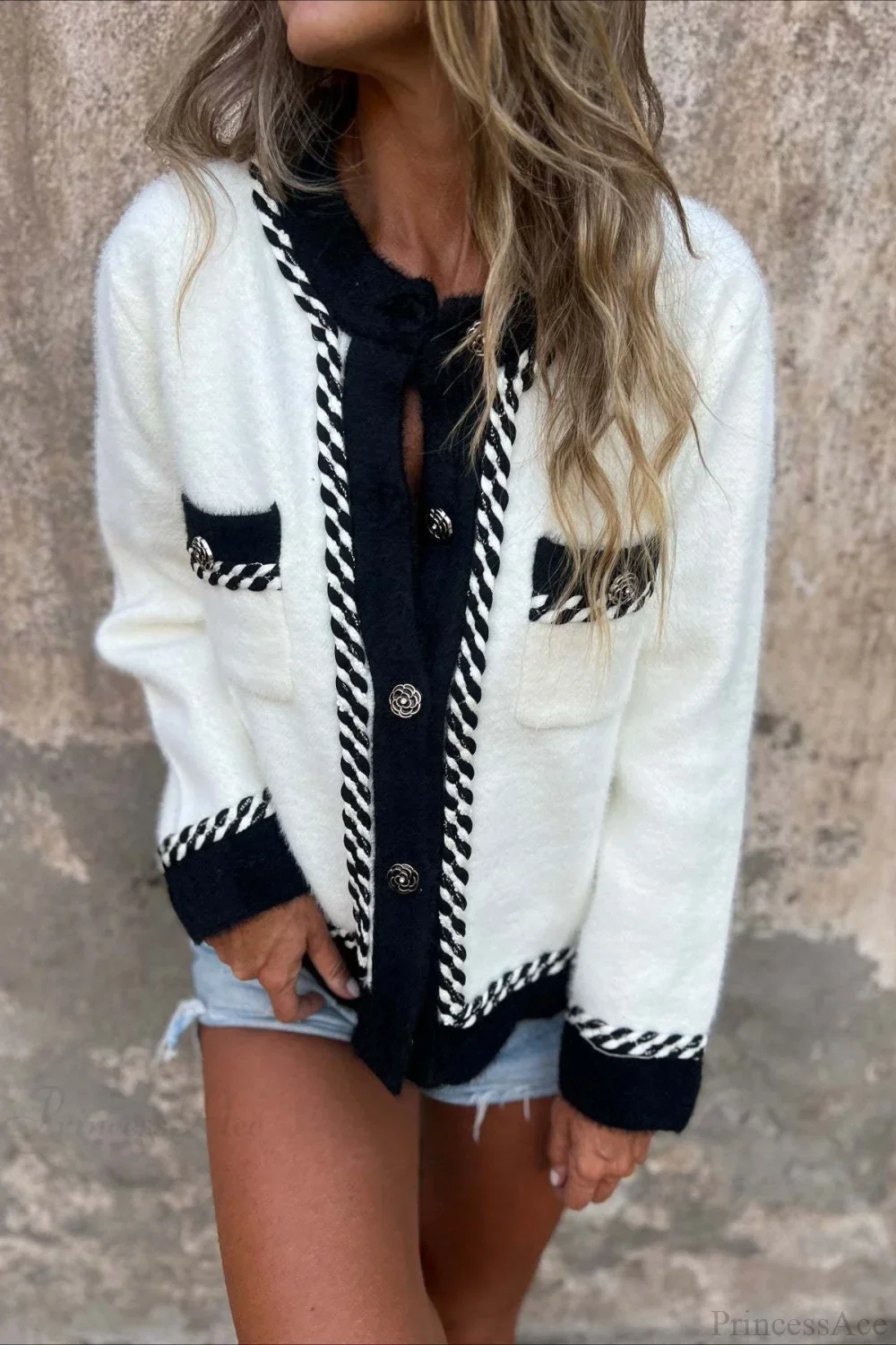 Elegant Chic Color Block Button Pocket Wool Coat - Image 4