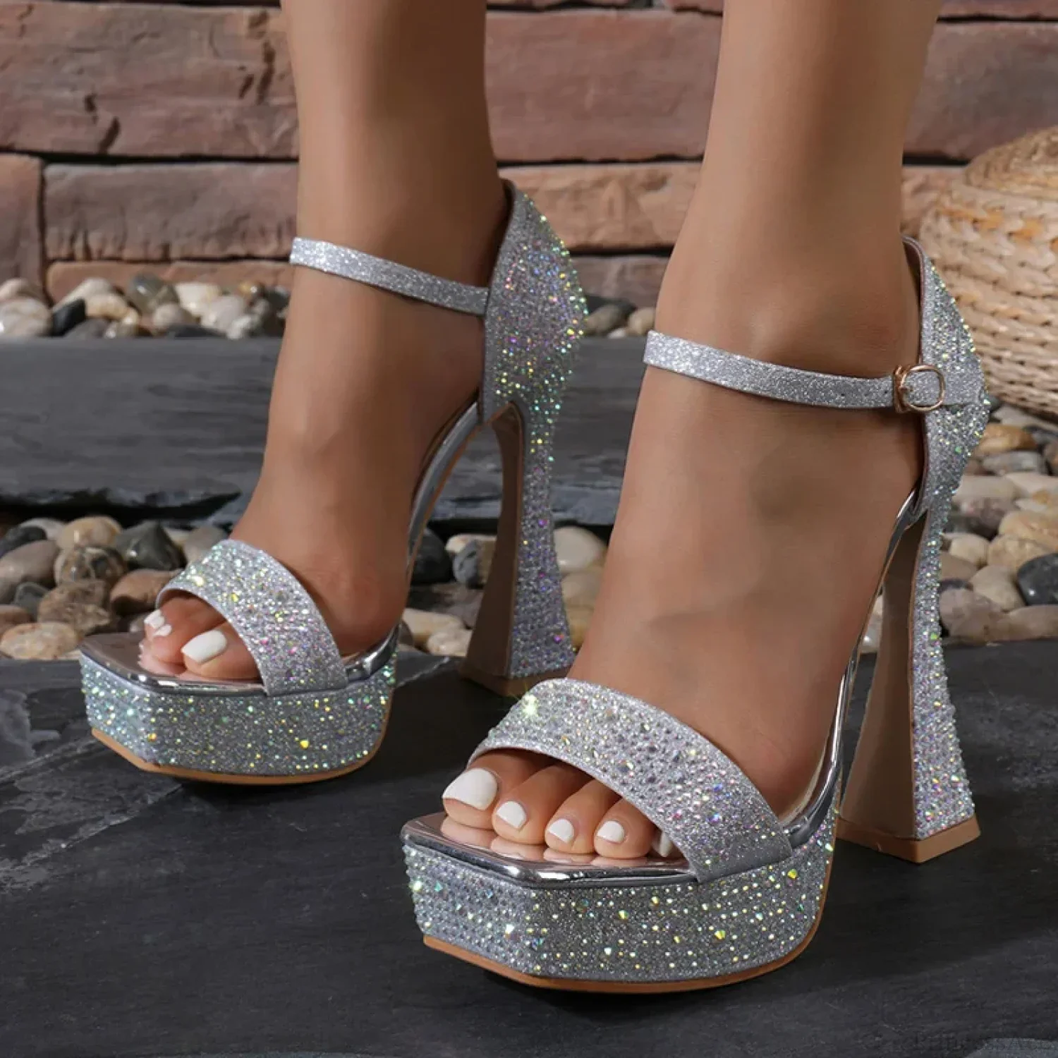 Elegant Crystal Rhinestone Square Toe Super High Heel - Image 2