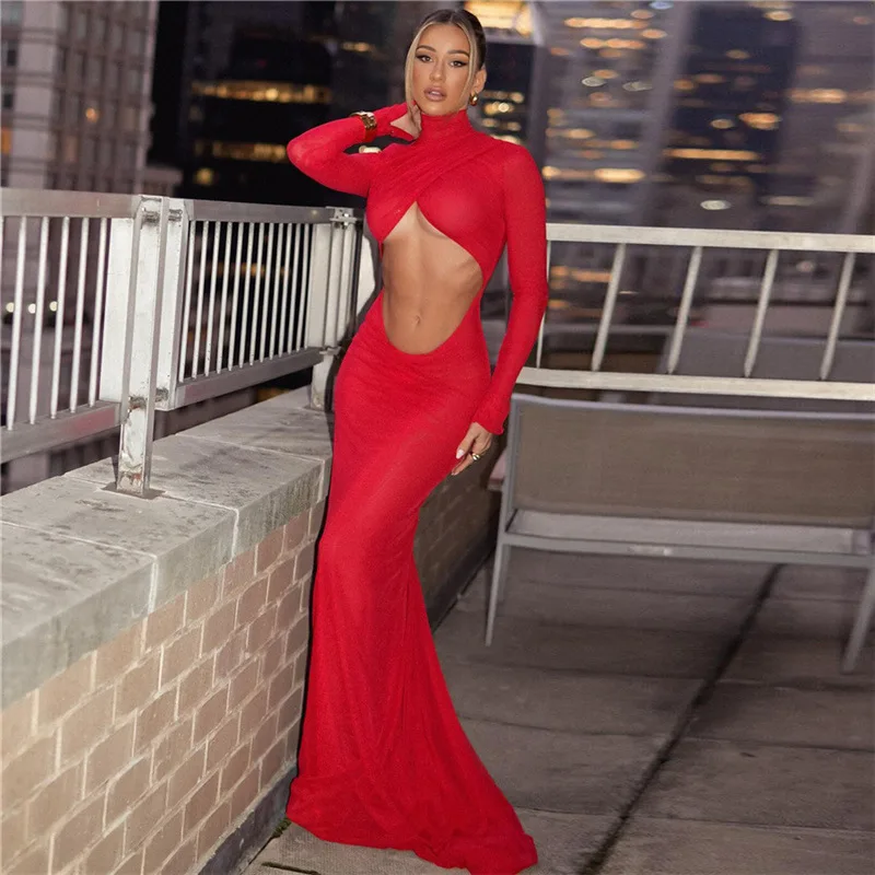 Elegant Cut Out Maxi Dress Party Club Long Sleeve Ruched Party Dress - Image 2