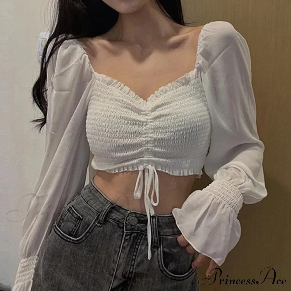 Elegant Fashion Puff Arm Chiffon Crop Women's - Blouse Top - Image 2
