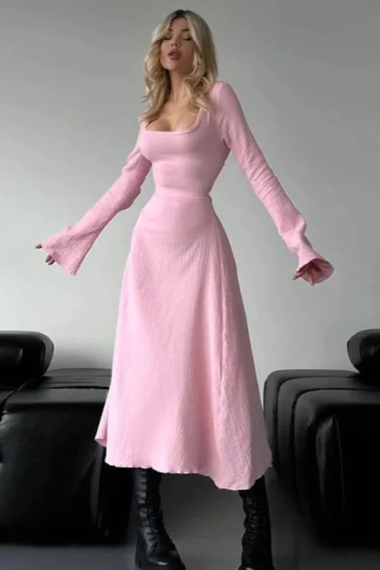 Elegant Fitted Long Sleeve Square Neck A-Line Party Dress - Image 2