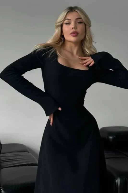 Elegant Fitted Long Sleeve Square Neck A-Line Party Dress - Image 8
