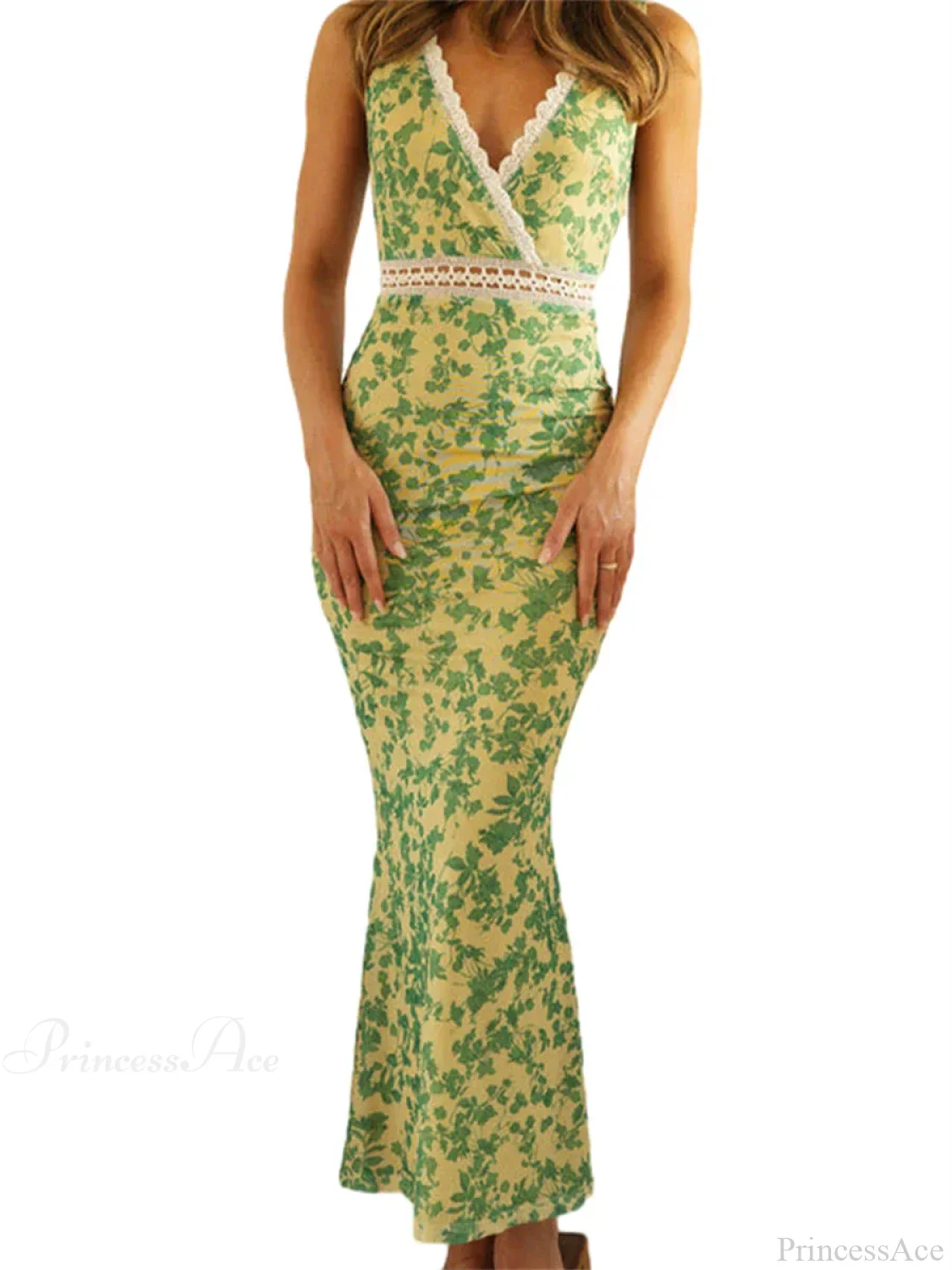 Elegant Floral Fishtail Lace Trim Wrap V-neck Bodycon Floral Dress - Image 6