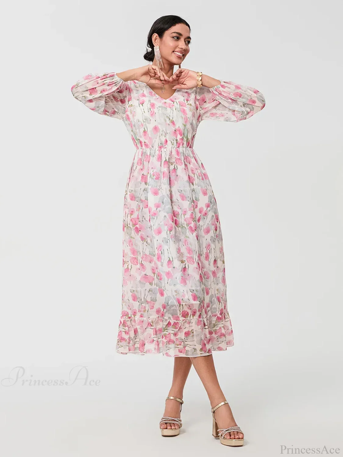 Elegant Floral Flowing Long Sleeve A-Line Floral Dress - Image 3