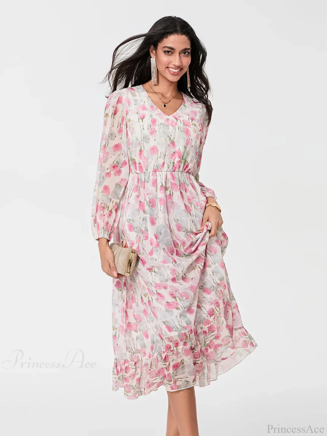 Elegant Floral Flowing Long Sleeve A-Line Floral Dress - Image 5