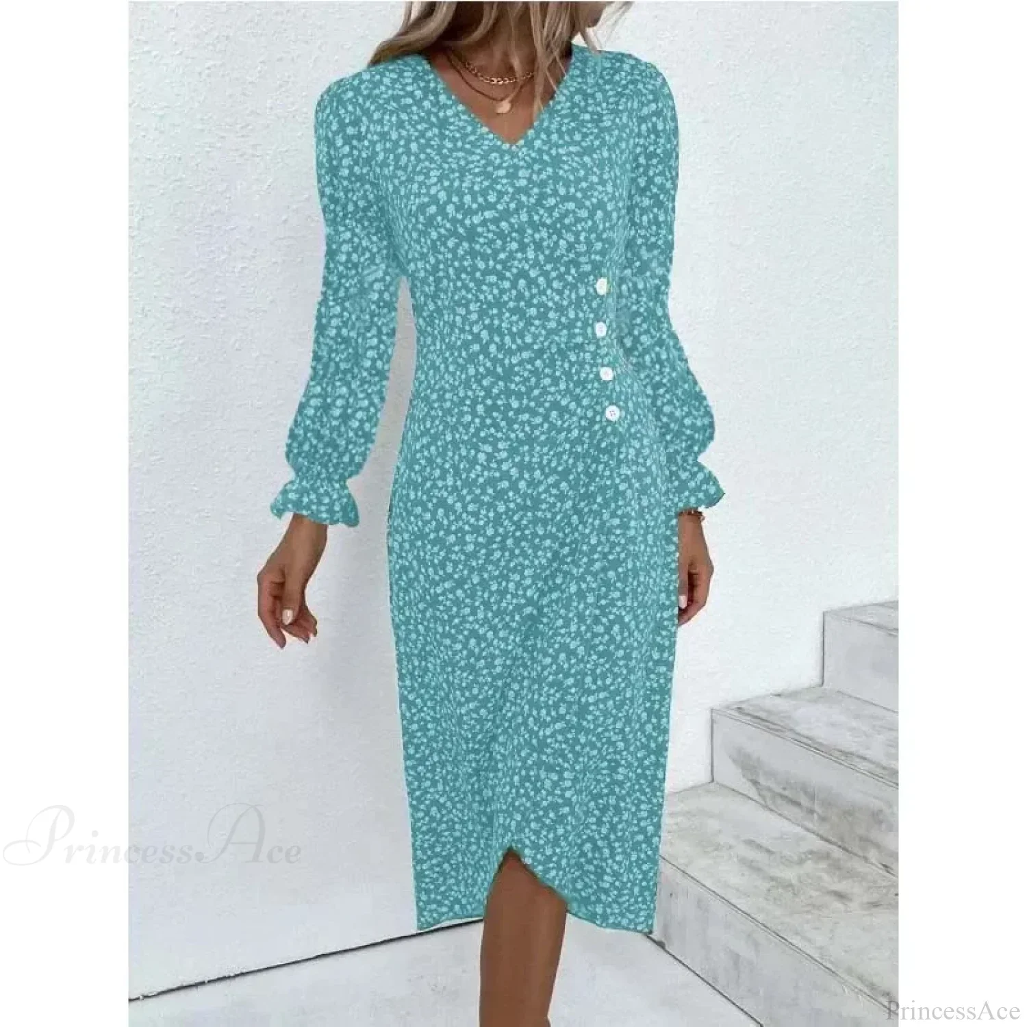 Elegant Floral Midi Puff Sleeve Ruched Waist Floral Dress - Image 6