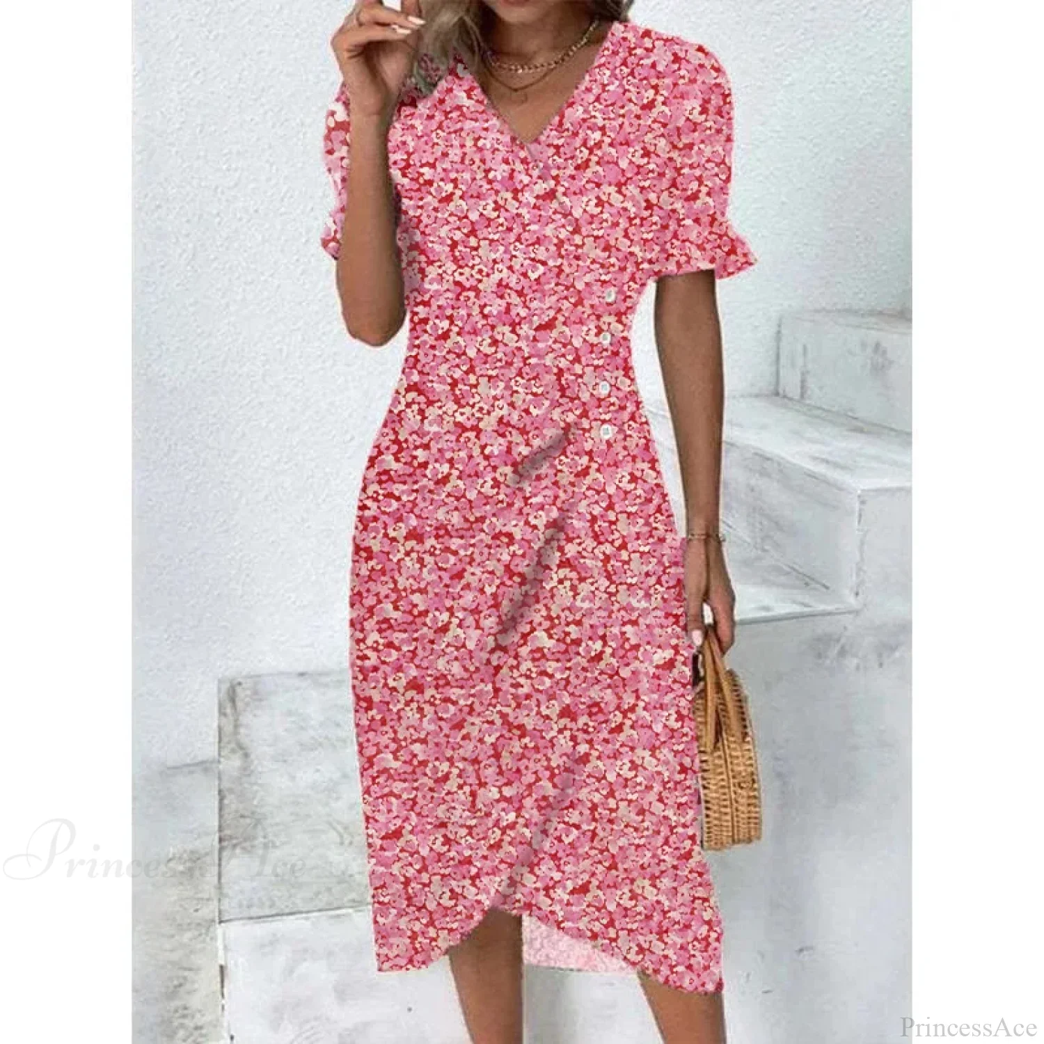 Elegant Floral Midi Puff Sleeve Ruched Waist Floral Dress - Image 8