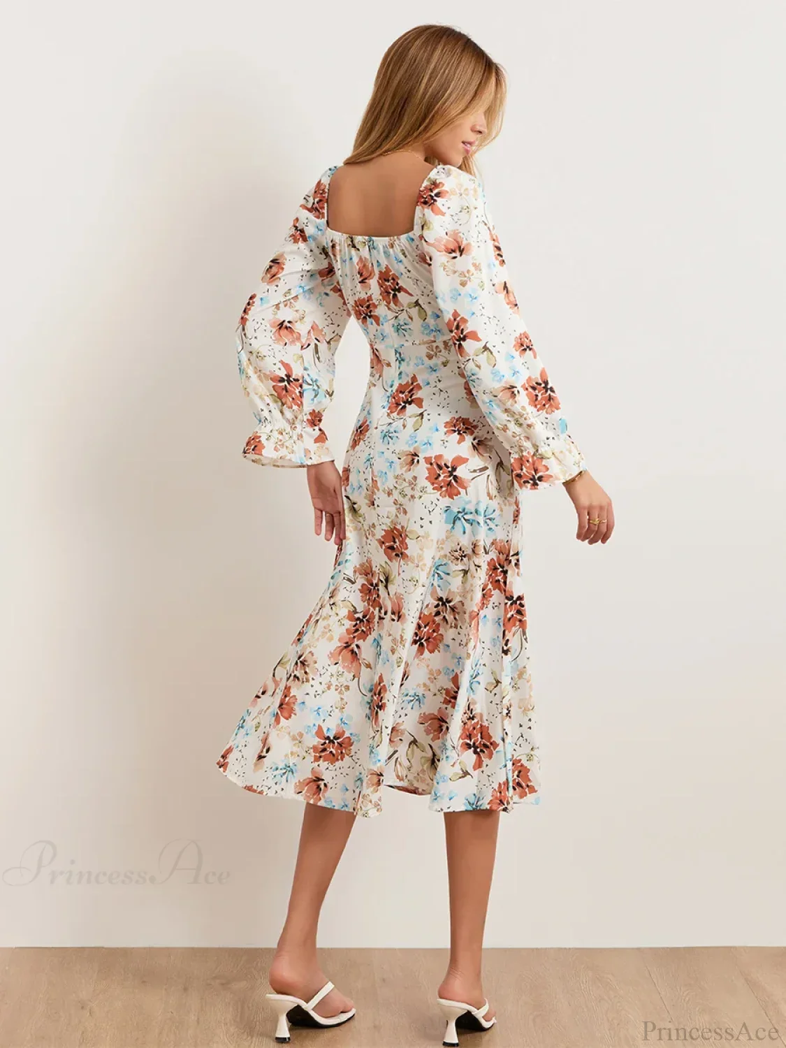 Elegant Floral Midi Puff Sleeve Square Neck Floral Dress - Image 6