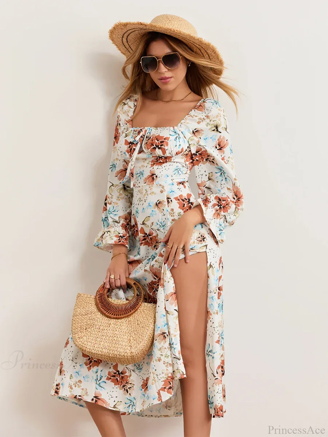 Elegant Floral Midi Puff Sleeve Square Neck Floral Dress - Image 8