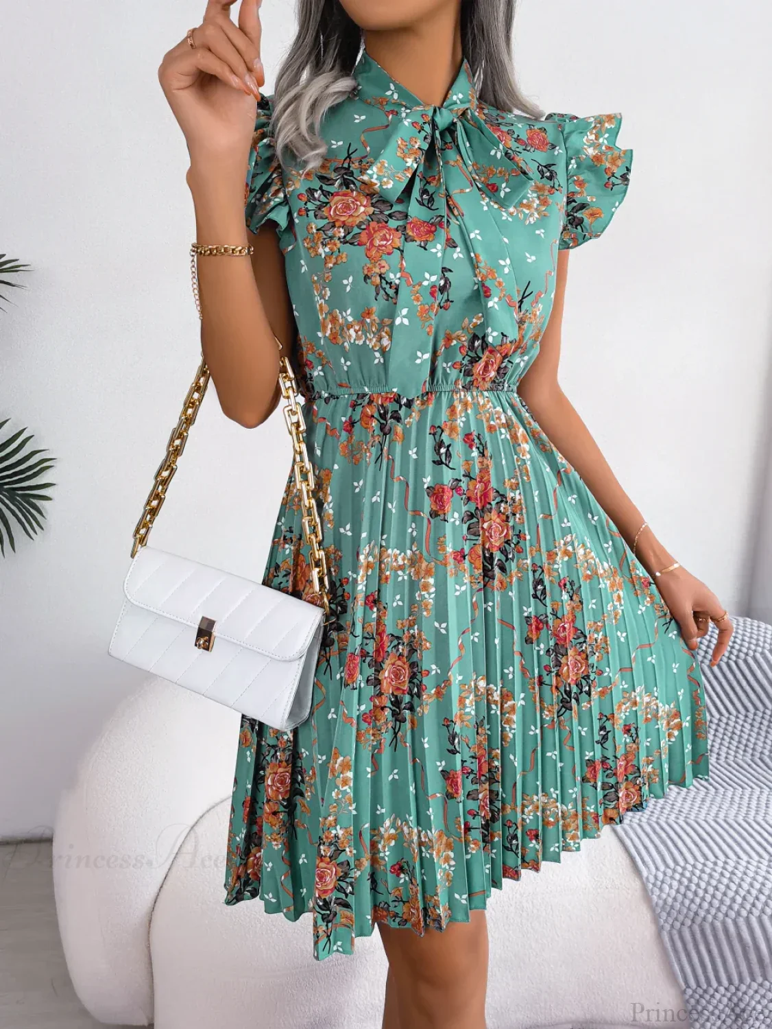 Elegant Floral Print Bow Pleated Slim Waist Floral Dress - Image 3