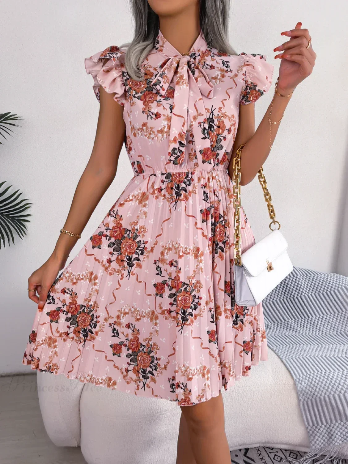 Elegant Floral Print Bow Pleated Slim Waist Floral Dress - Image 7