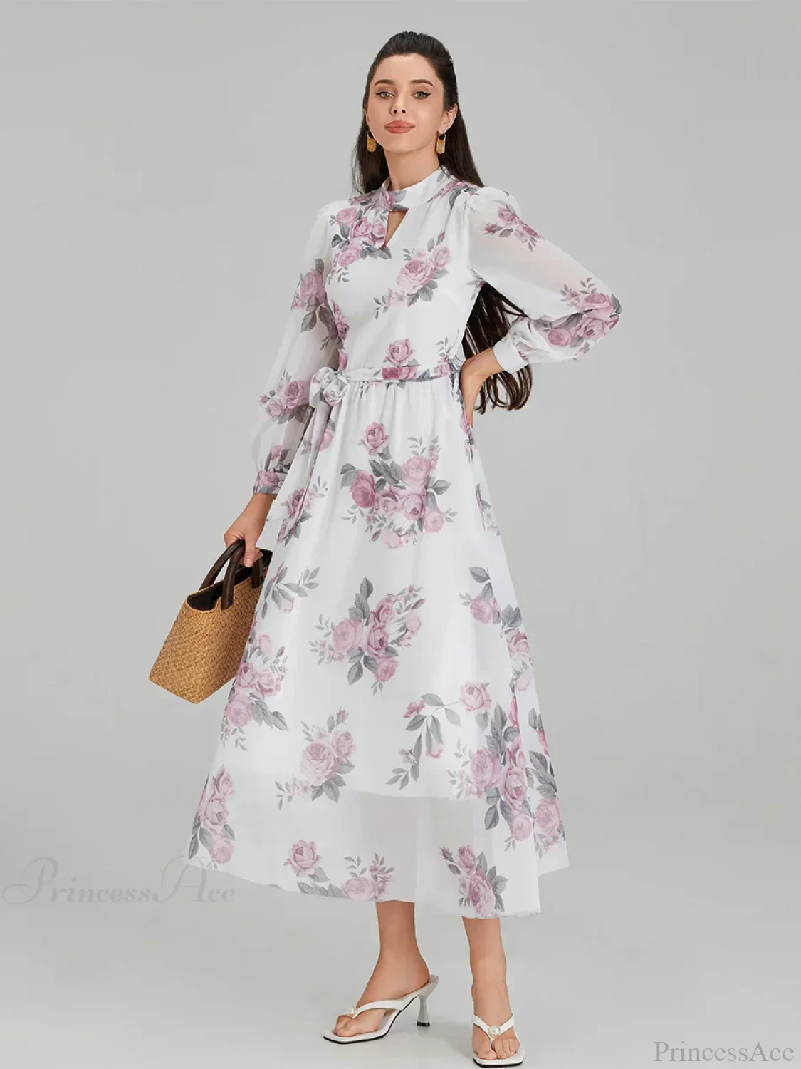 Elegant Floral Print Chiffon Long Lantern Sleeve Tie Waist Floral Dress - Image 6