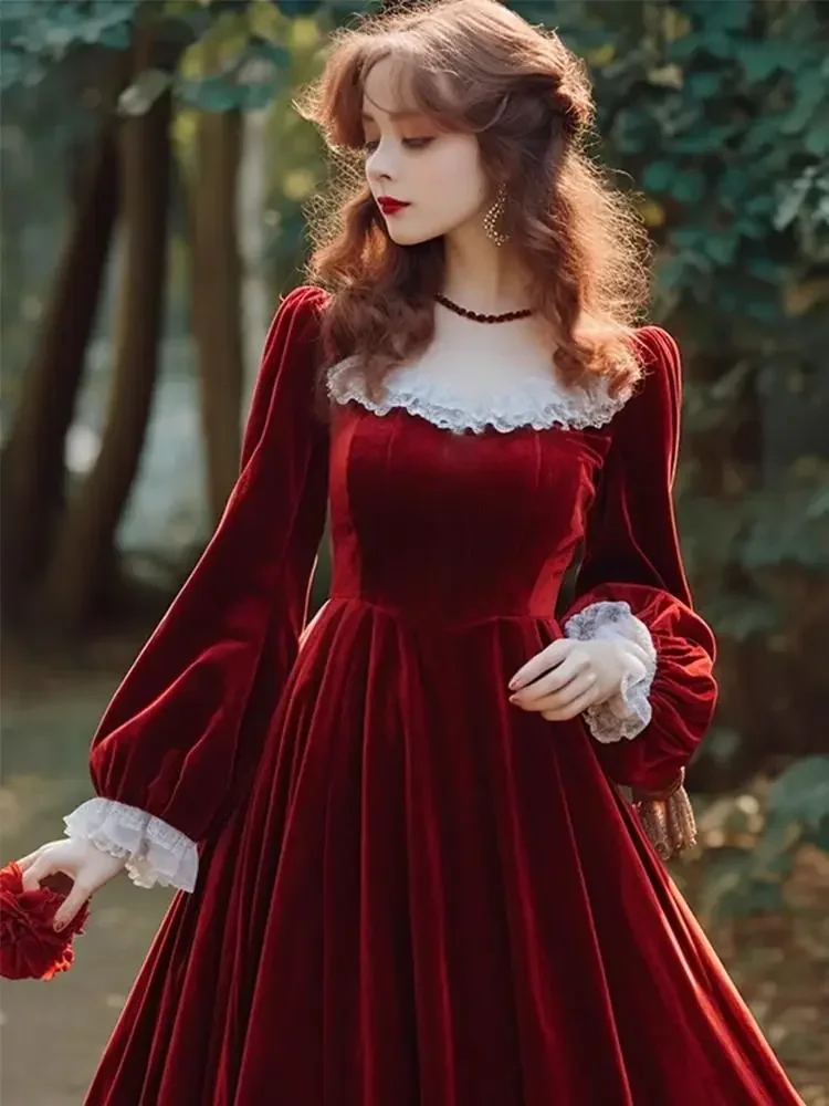 Elegant French Hepburn Velvet Drape Red Party Dress - Image 2
