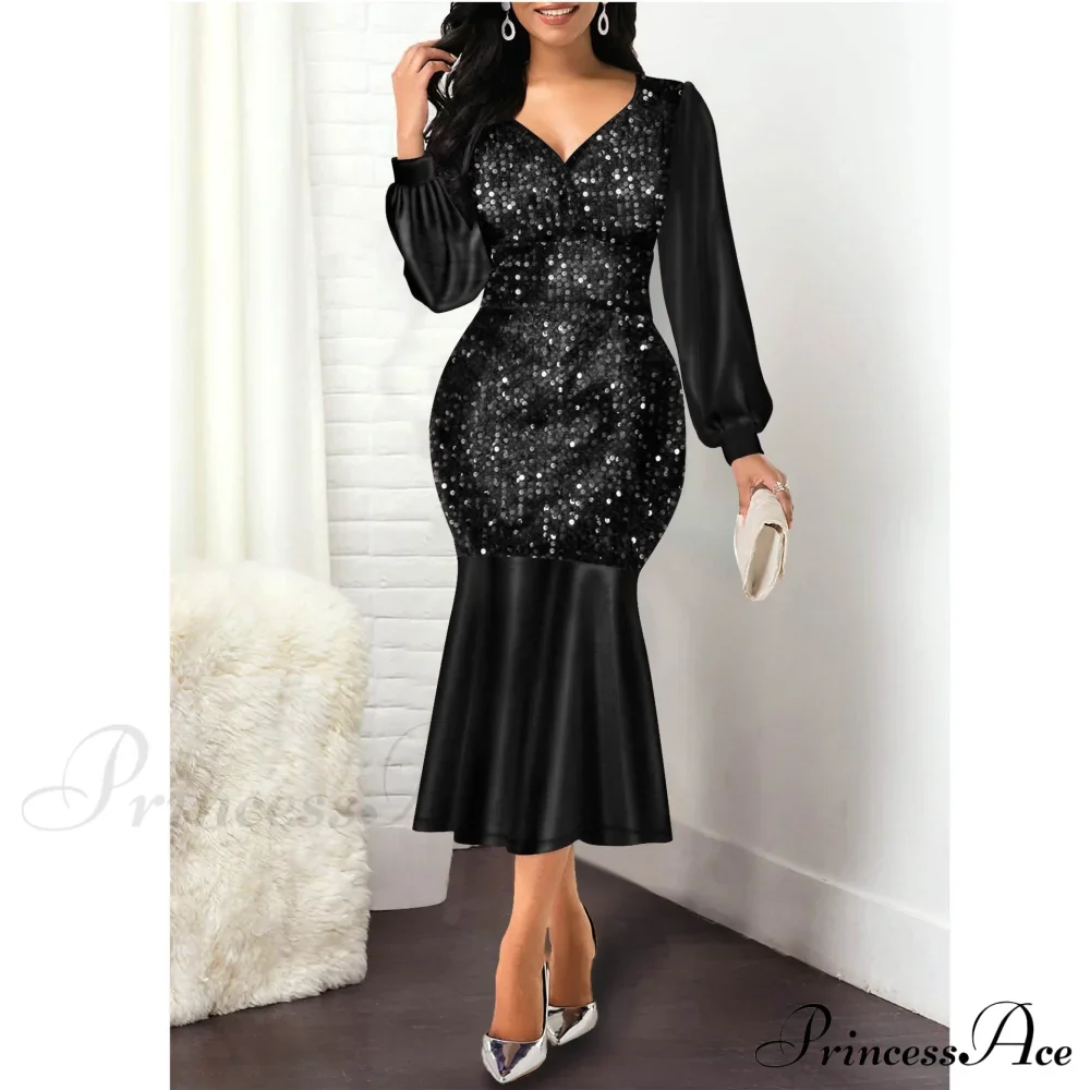 Elegant Gown Mermaid Women Waist Size High Warm-Season Bodycon Evening for Sequine Wedding Party V Dresses Neck Plus 5XL