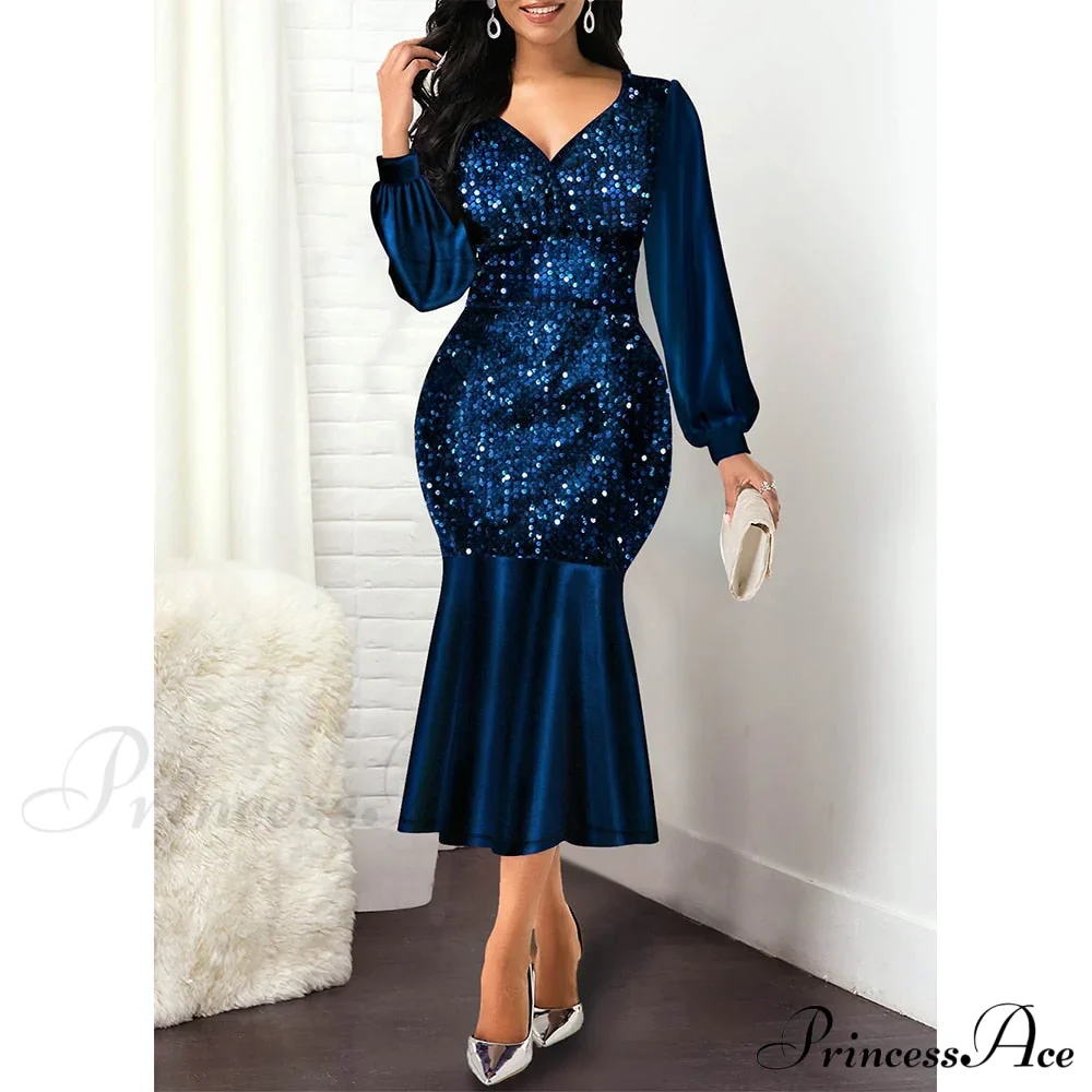 Elegant Gown Mermaid Women Waist Size High Warm-Season Bodycon Evening for Sequine Wedding Party V Dresses Neck Plus 5XL - Image 2