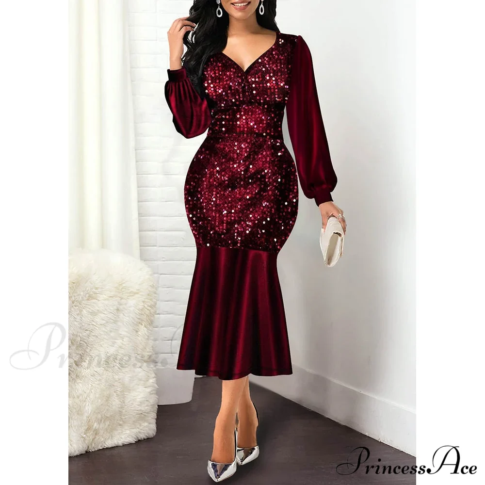 Elegant Gown Mermaid Women Waist Size High Warm-Season Bodycon Evening for Sequine Wedding Party V Dresses Neck Plus 5XL - Image 3