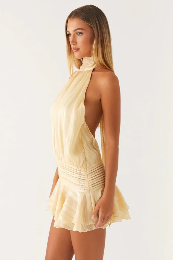 Elegant Halter Satin Jacquard Stripe Mini Dress - Image 6