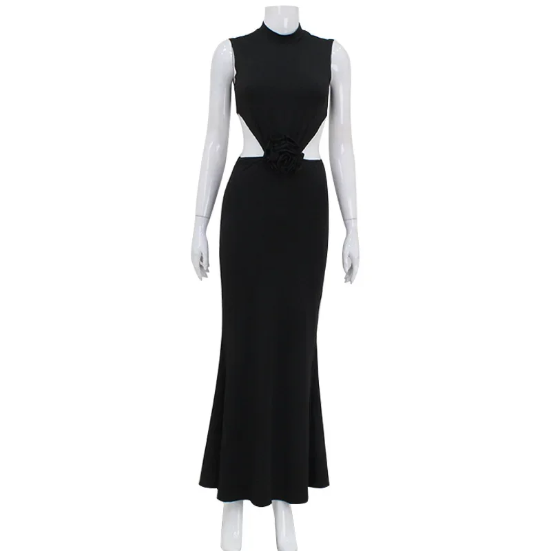 Elegant Hollow Back Sexy Solid Color Turtle Neck Sleeveless Dress Party Dress - Image 6