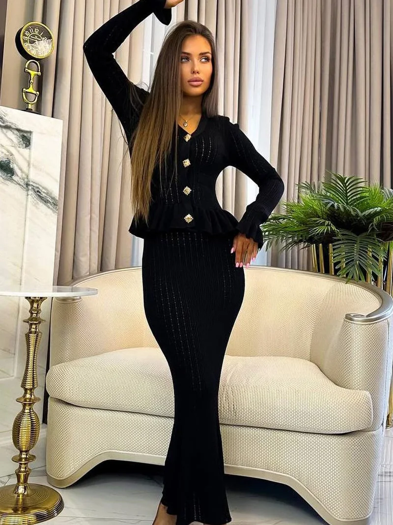 Elegant Knitted Matching Long Office Two Piece Set - Image 6