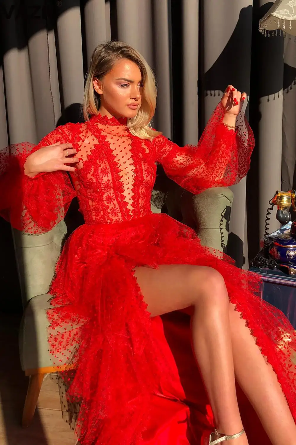 Elegant Lace Hollow Out A-Line Full Sleeve Red Party Dress
