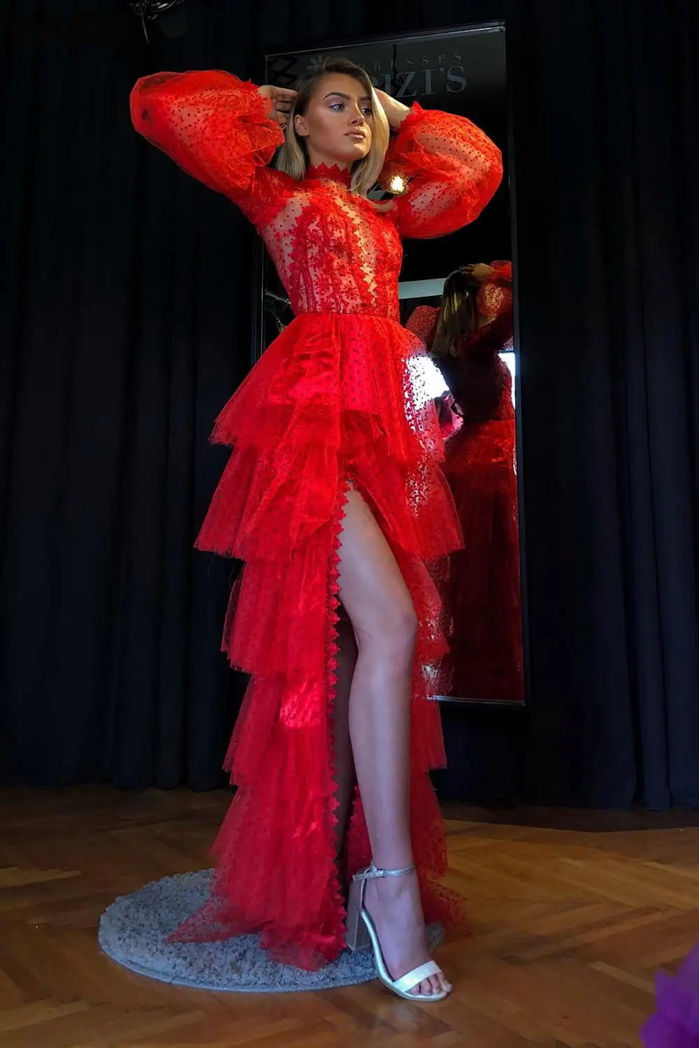 Elegant Lace Hollow Out A-Line Full Sleeve Red Party Dress - Image 6