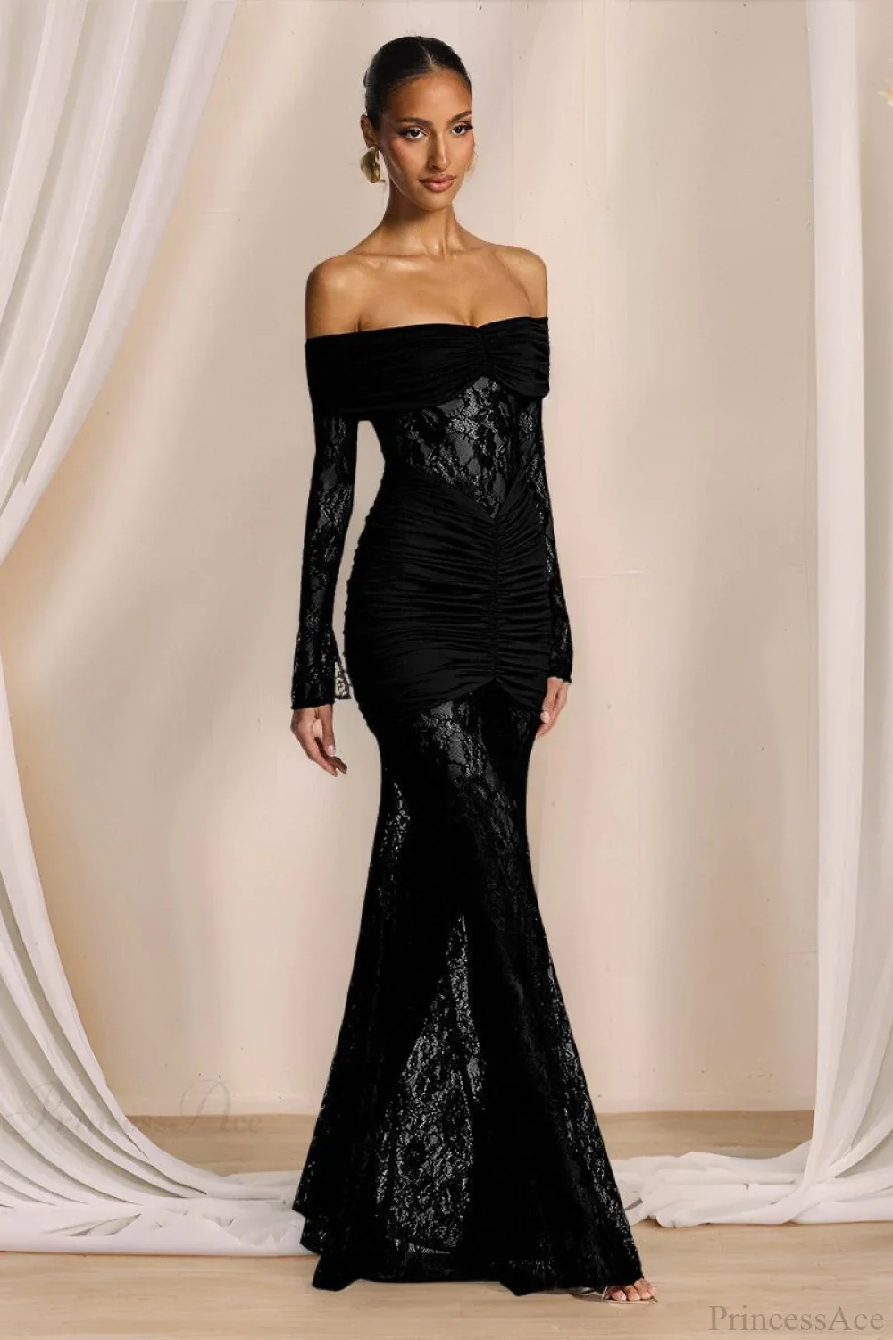 Elegant Lace Off-the-Shoulder Long Sleeve Bodycon Evening Dress - Image 3