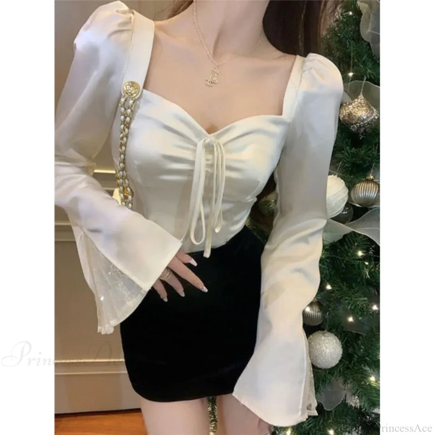 Elegant Lace Patchwork Flare Sleeve Sexy Slim Blouse - Image 2