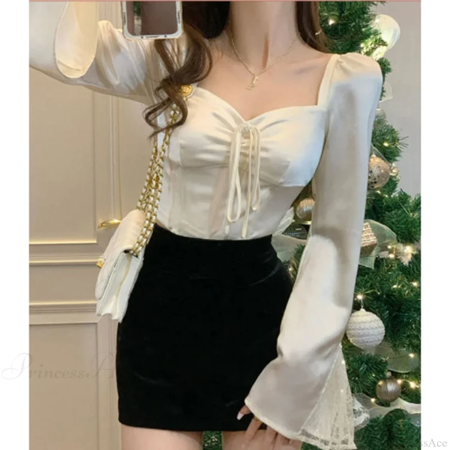 Elegant Lace Patchwork Flare Sleeve Sexy Slim Blouse - Image 3