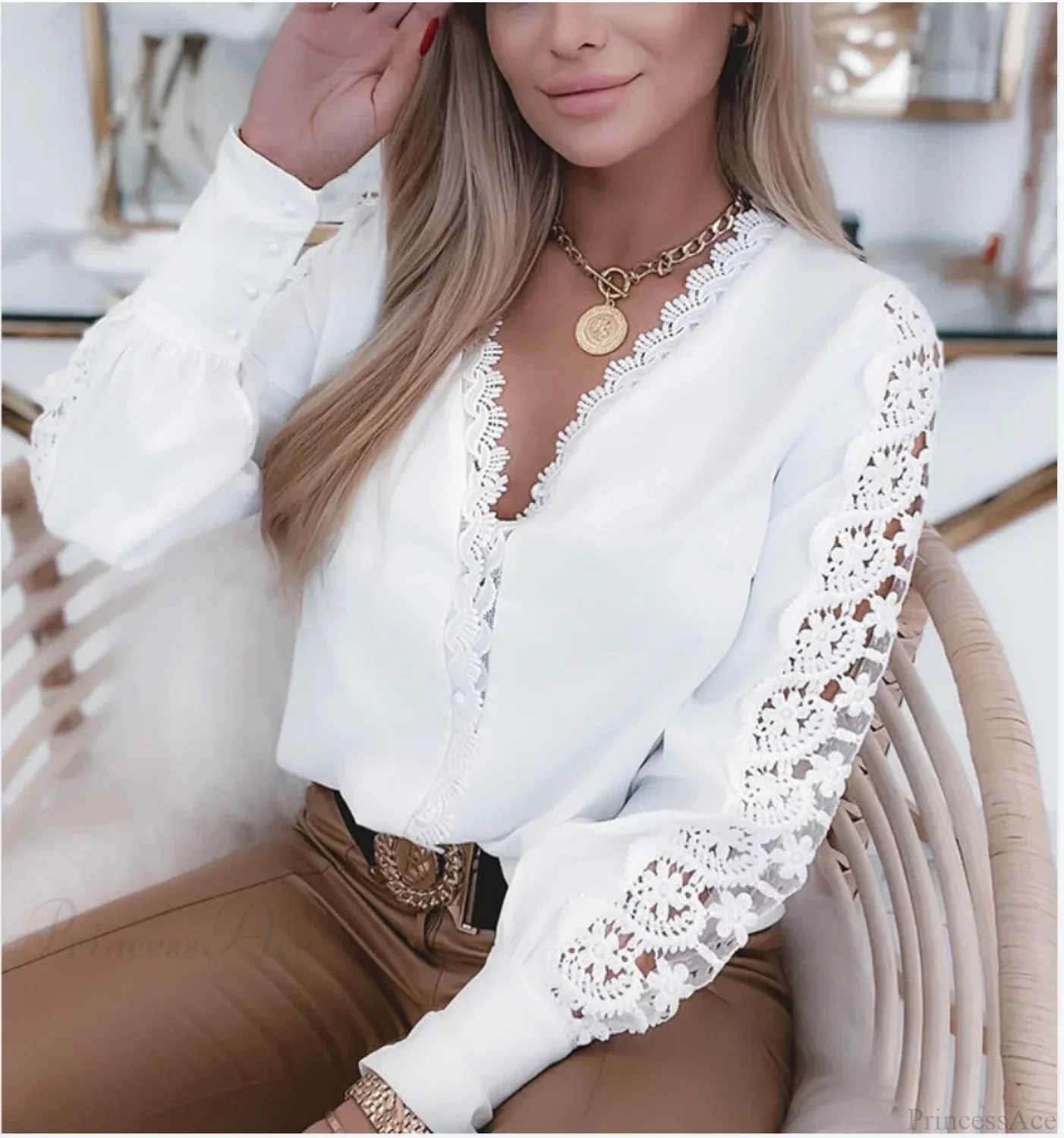 Elegant Lace Patchwork White Blouse - Image 2