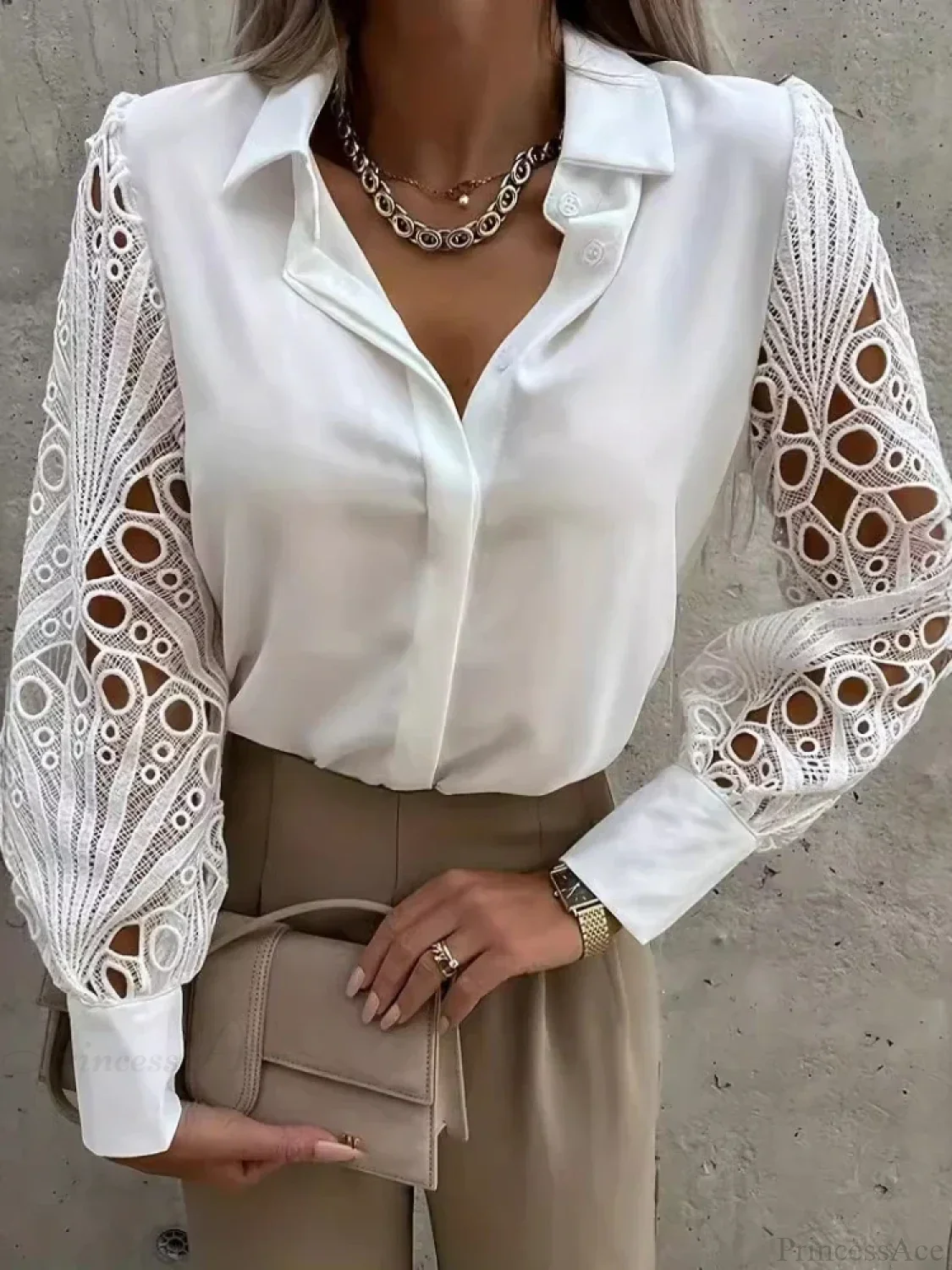 Elegant Lace Patchwork White Blouse - Image 3