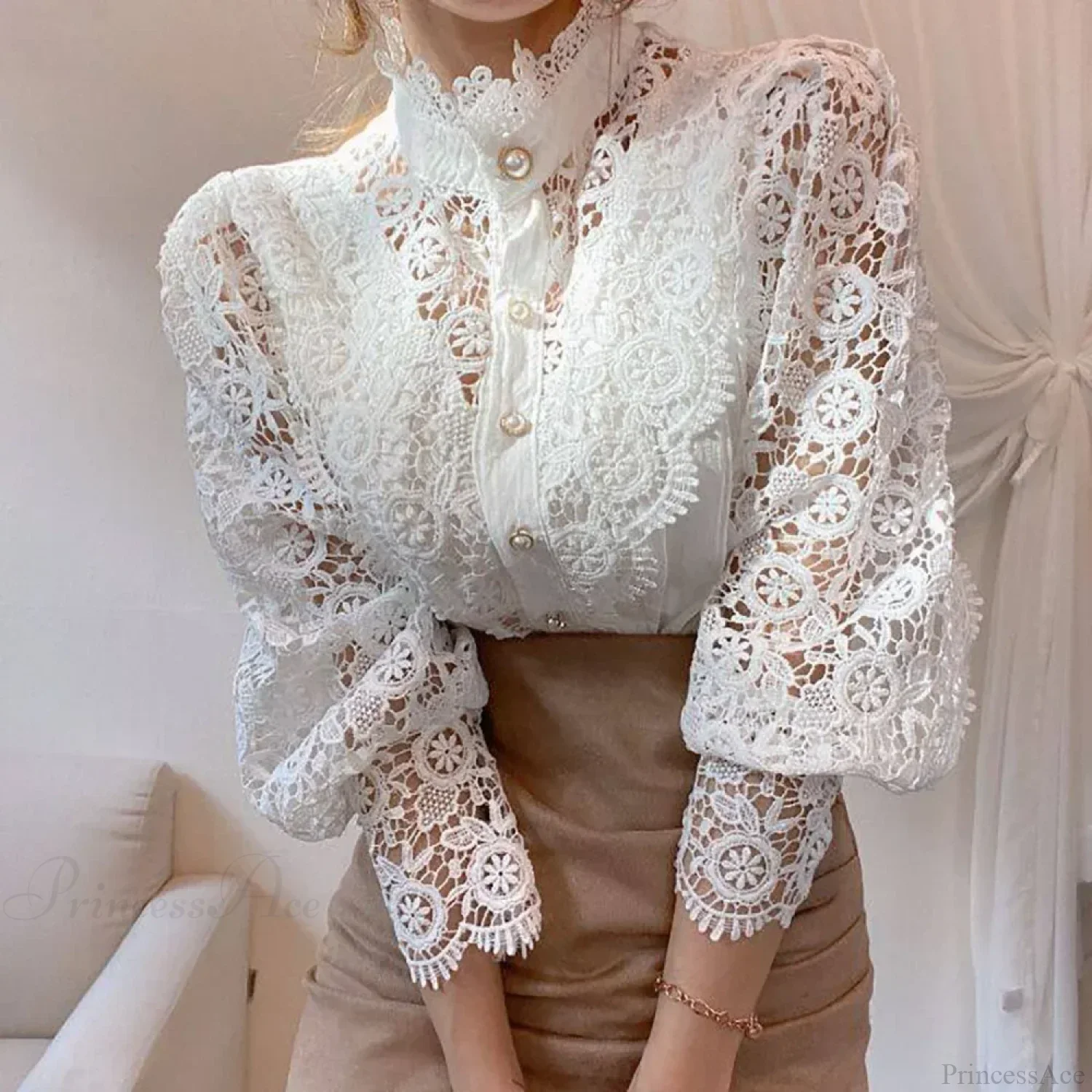 Elegant Lace Patchwork White Blouse - Image 4