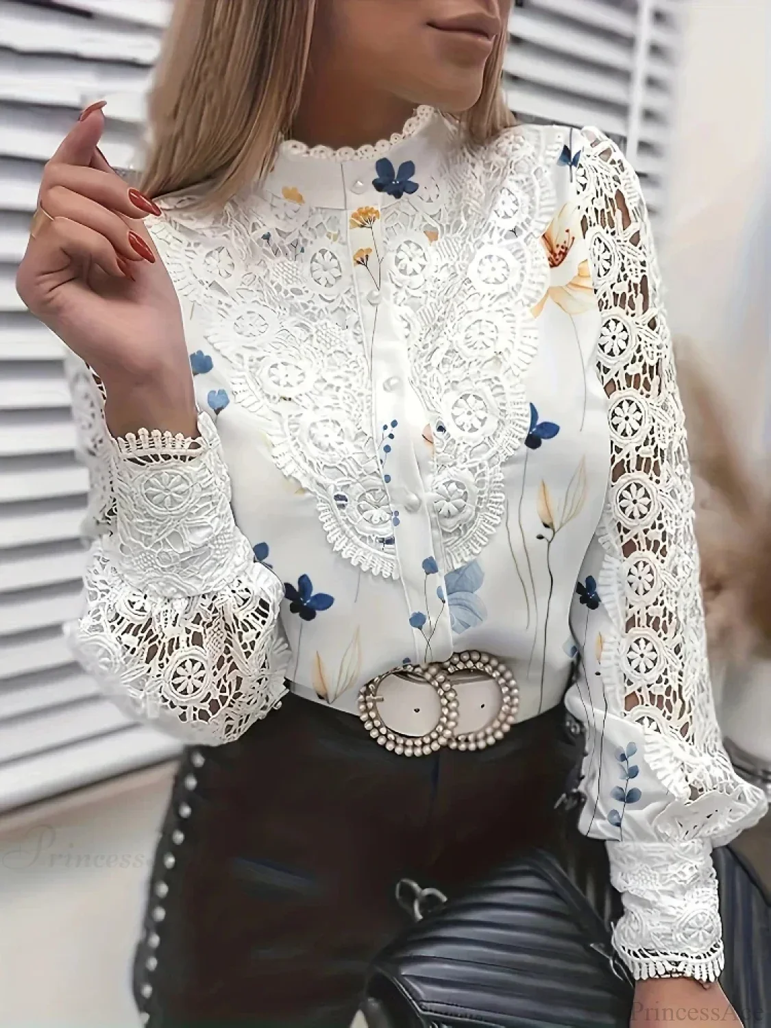 Elegant Lace Patchwork White Blouse - Image 5