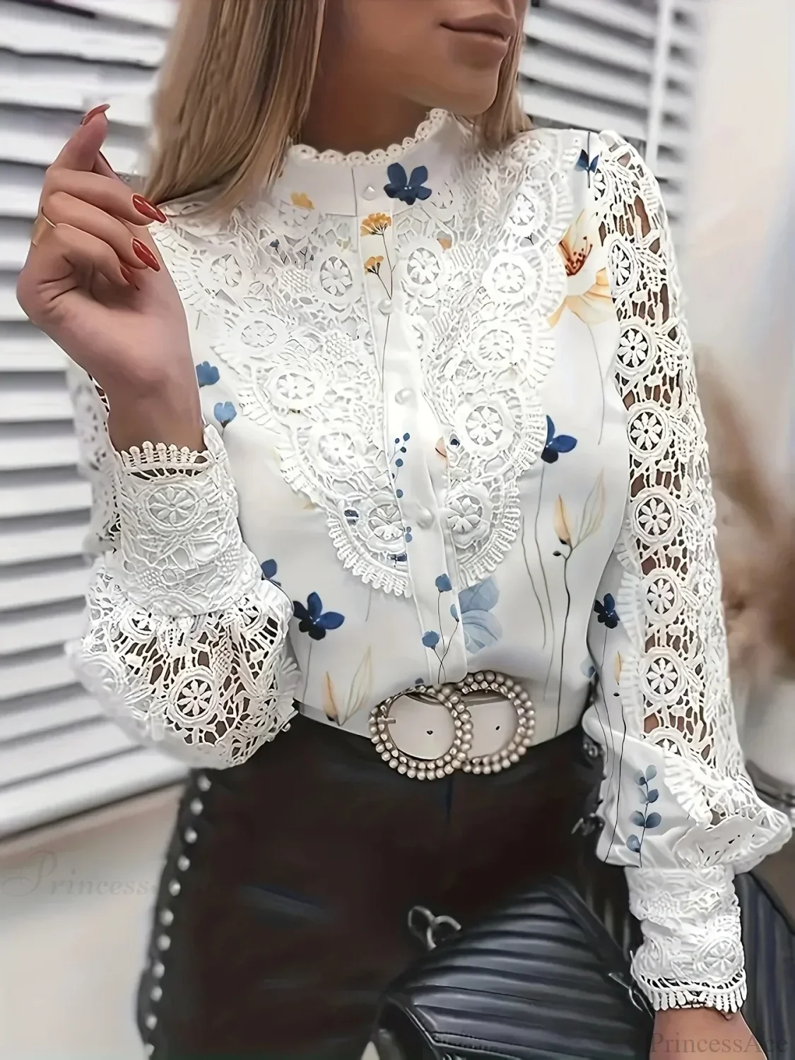 Elegant Lace Patchwork White Blouse - Image 9