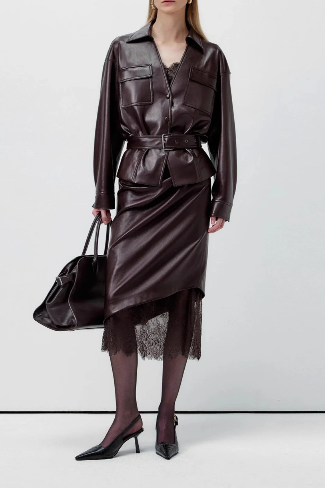 Elegant Lace Trim Leather Skirt - Image 2