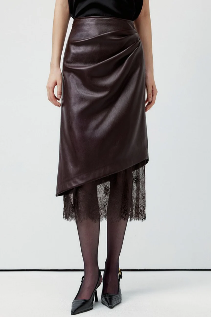 Elegant Lace Trim Leather Skirt - Image 4