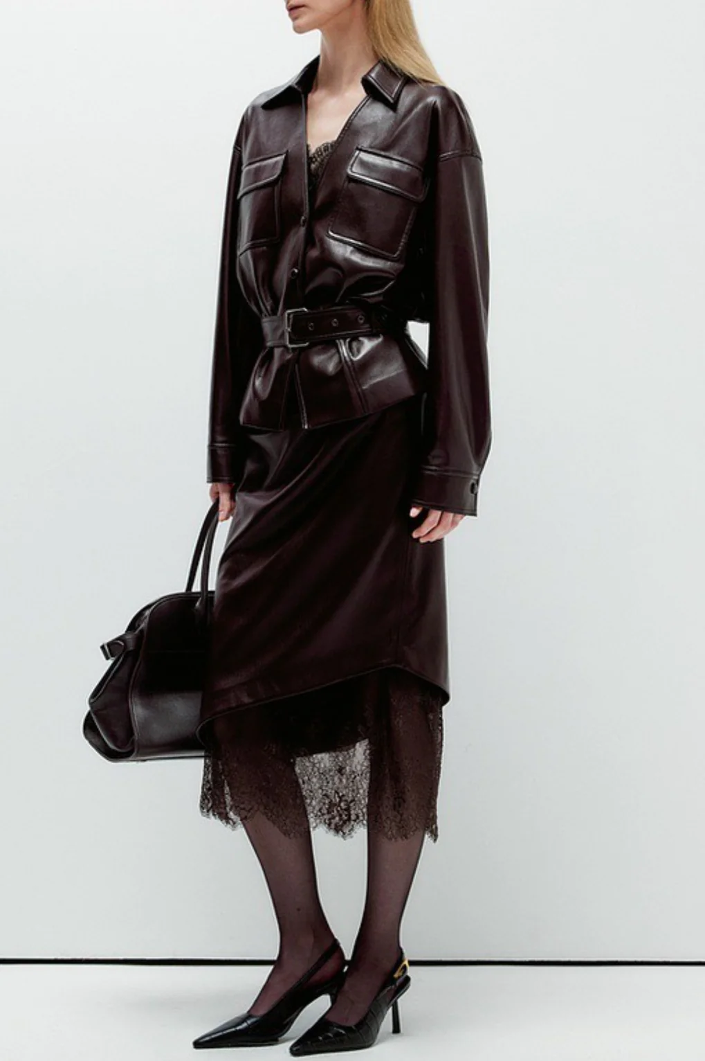 Elegant Lace Trim Leather Skirt - Image 5