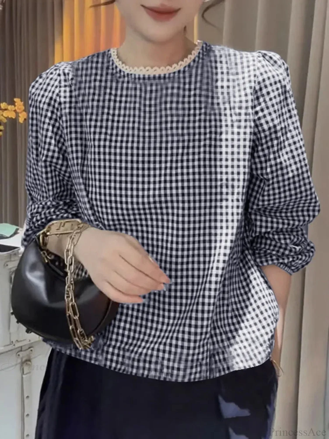 Elegant Lace Trim O Neck Checked Puff Sleeve Smock Blouse - Image 2