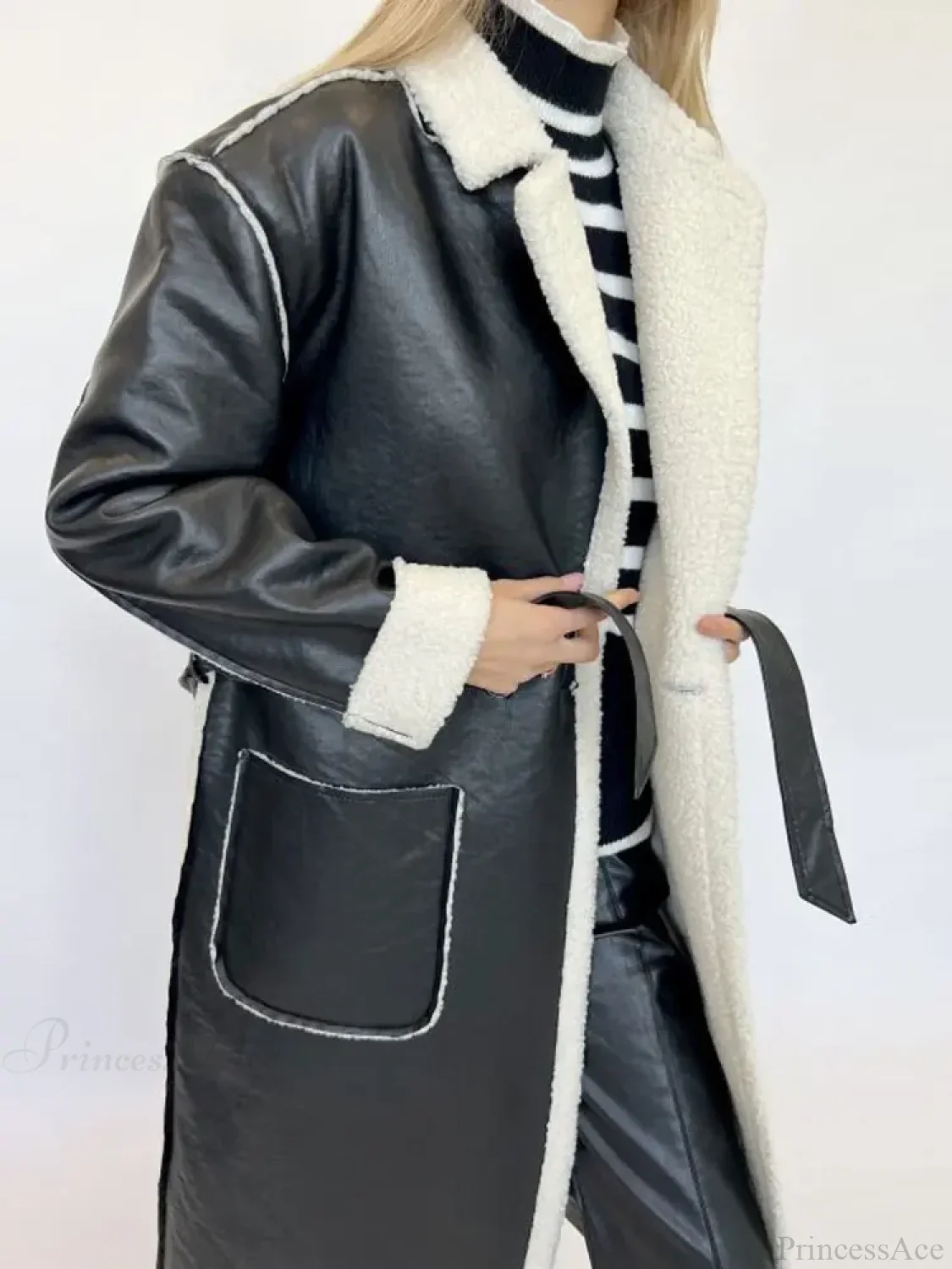 Elegant Lamb Wool PU Leather Belted Overcoat - Image 3