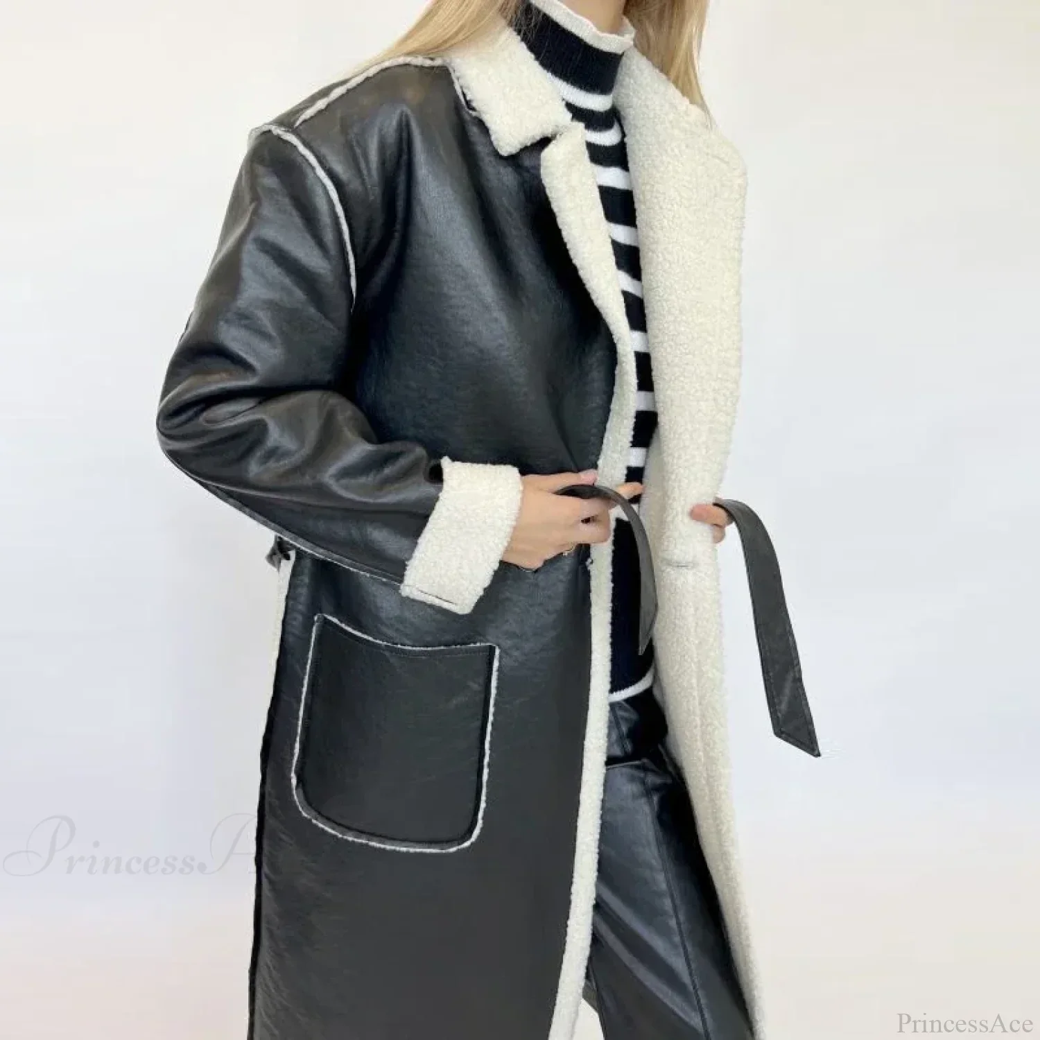 Elegant Lamb Wool PU Leather Belted Overcoat - Image 6
