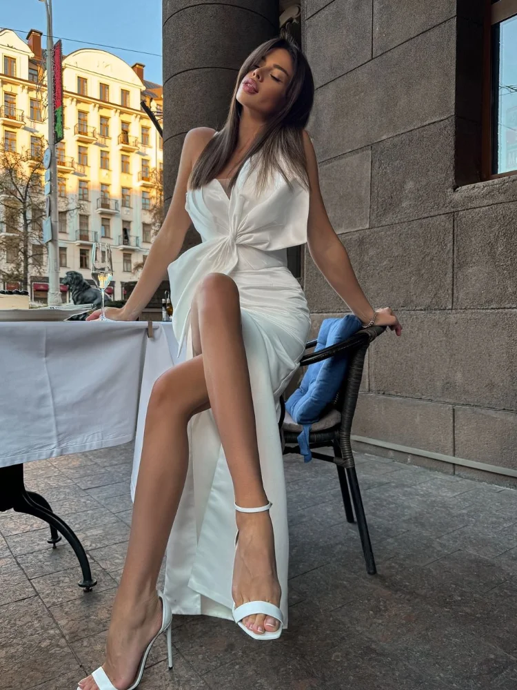 Elegant Large Bow Tie Sling High Slit Chic Off Party Dress - Image 4