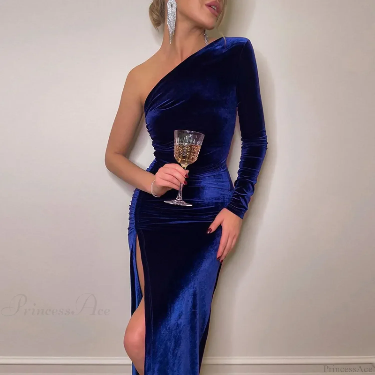 Elegant Long Sleeve Party Evening Velvet Bodycon Split Pencil Midi Party Dress - Image 7