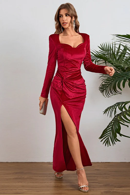 Elegant Long Sleeve Ruched Velvet Slit Fitted Waist Party Dress - Image 2