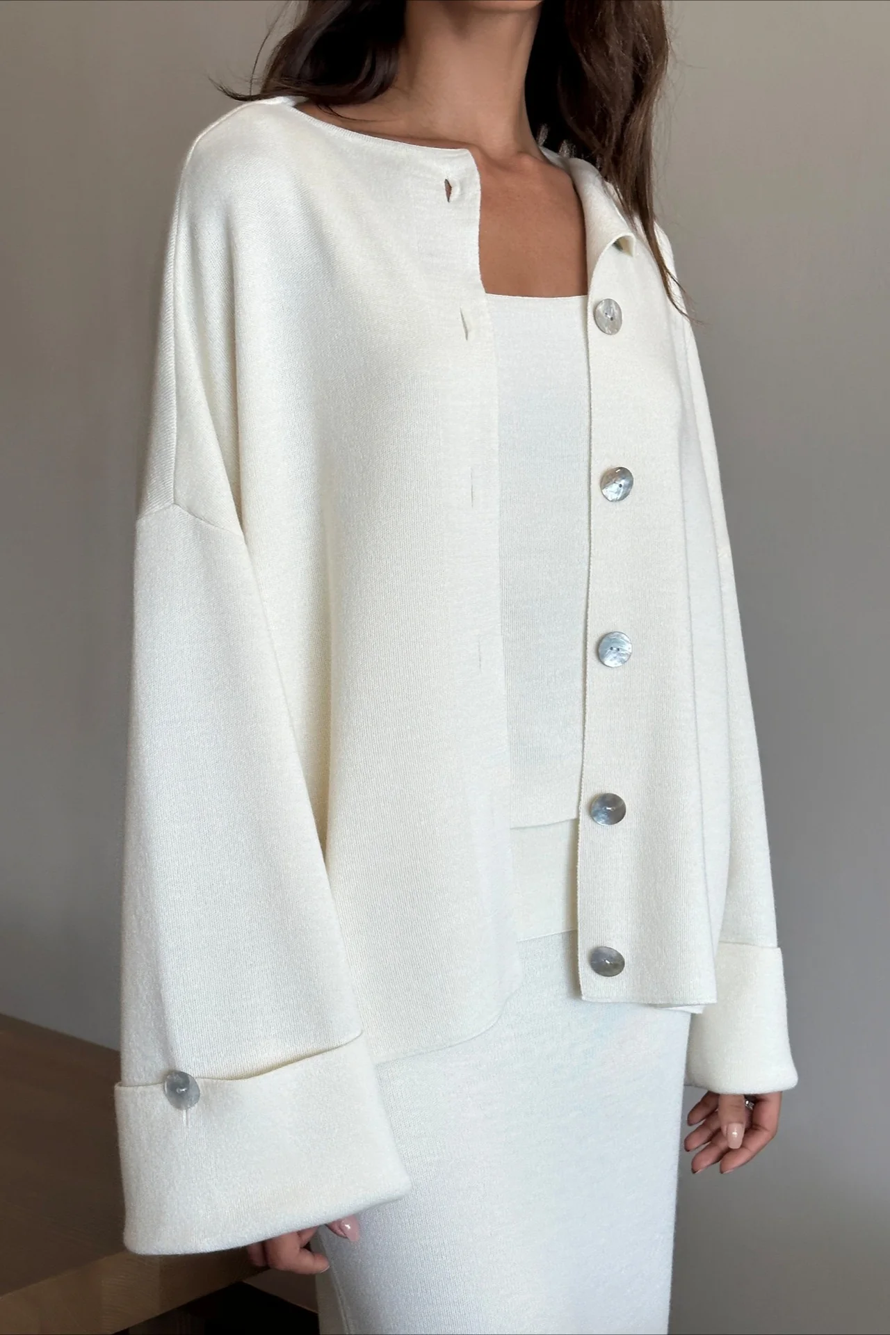 Elegant Minimalist Knit Long Sleeve Cardigan Cami Three Piece Set - Image 9