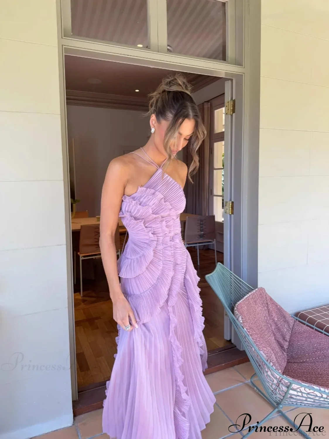 Elegant Neck Strap Ruffles Backless Floral Dress - Image 3