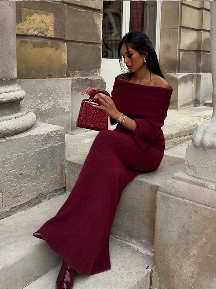 Elegant Off Shoulder Fold Knit Long Sleeve Tight Red Party Dress - Image 2
