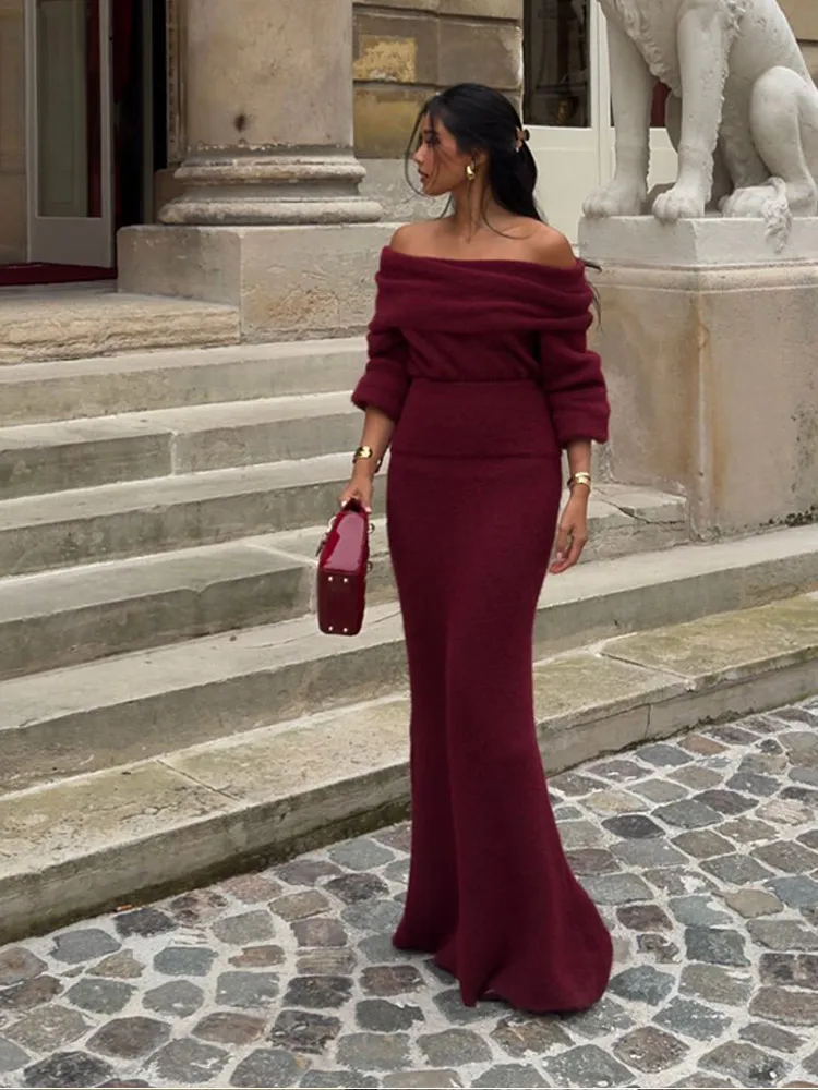 Elegant Off Shoulder Fold Knit Long Sleeve Tight Red Party Dress - Image 3